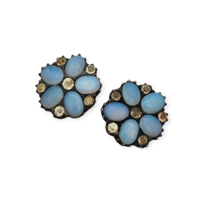 Botones de pechera plata con vidrio opalescente y estrás estilo eduardiano circa 1900