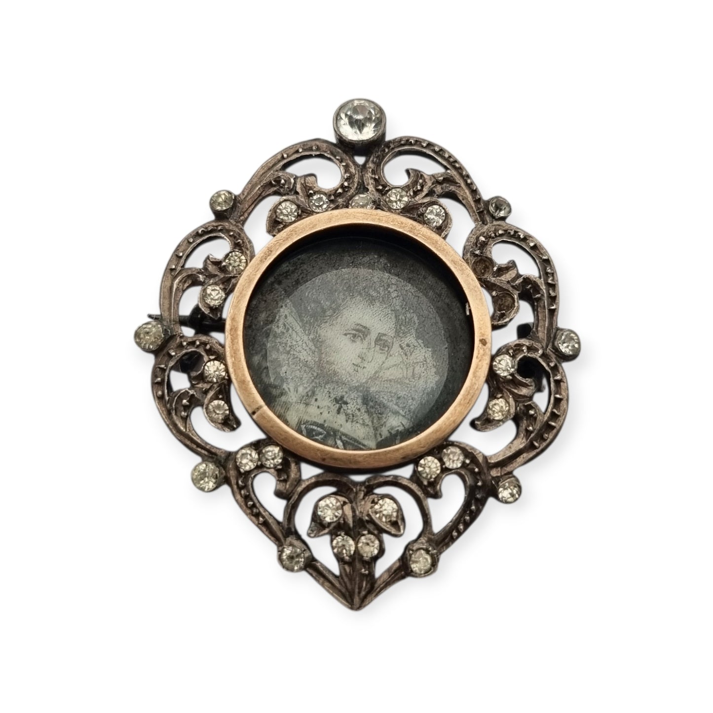 Broche plata Victoriano con vistas de oro, miniatura pintada y pedrería, Francia 1890-1900