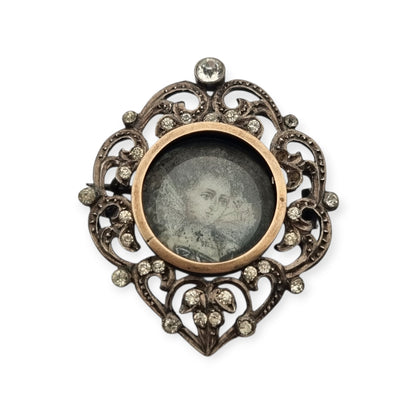 Broche plata Victoriano con vistas de oro, miniatura pintada y pedrería, Francia 1890-1900