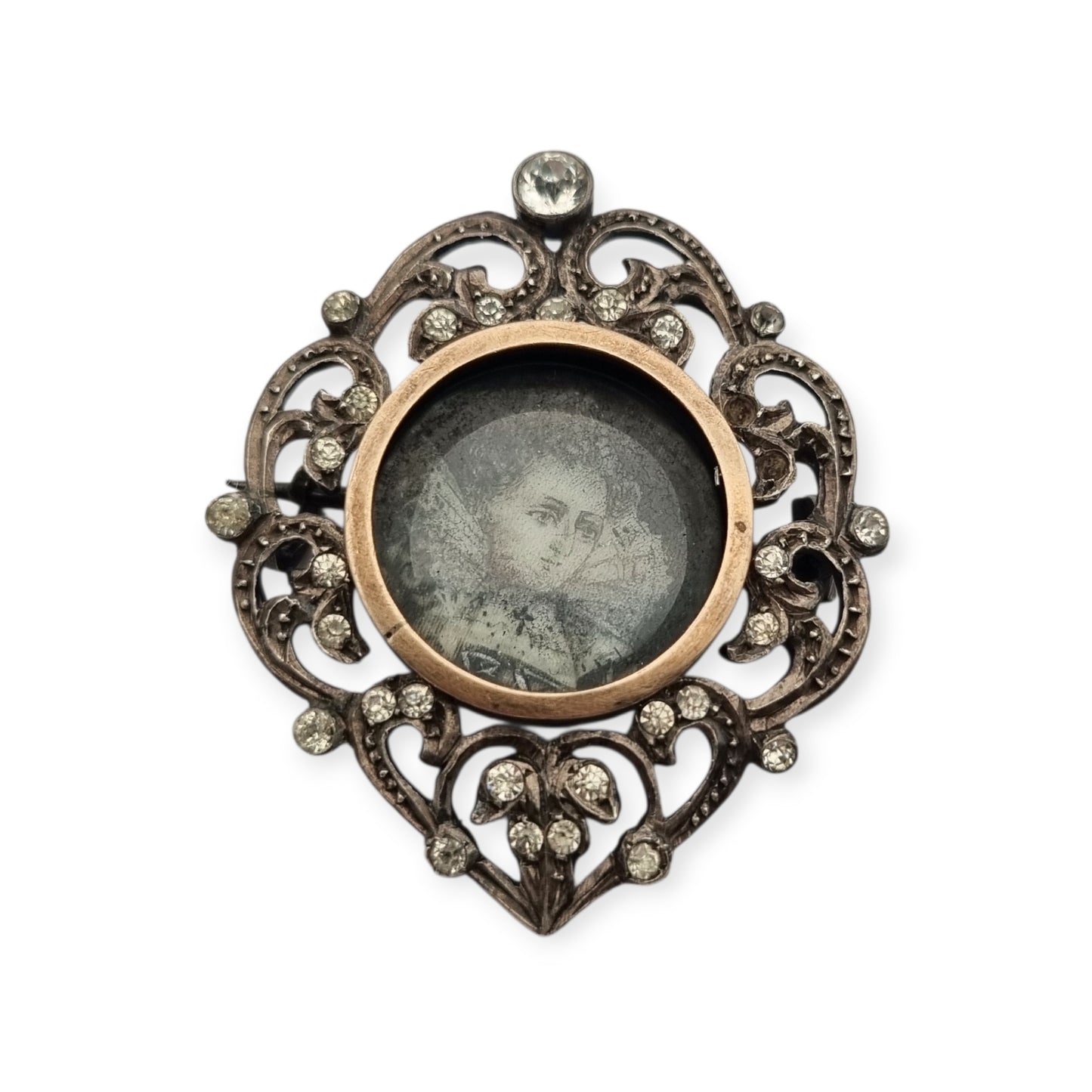 Broche plata Victoriano con vistas de oro, miniatura pintada y pedrería, Francia 1890-1900