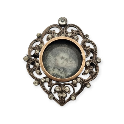 Broche plata Victoriano con vistas de oro, miniatura pintada y pedrería, Francia 1890-1900