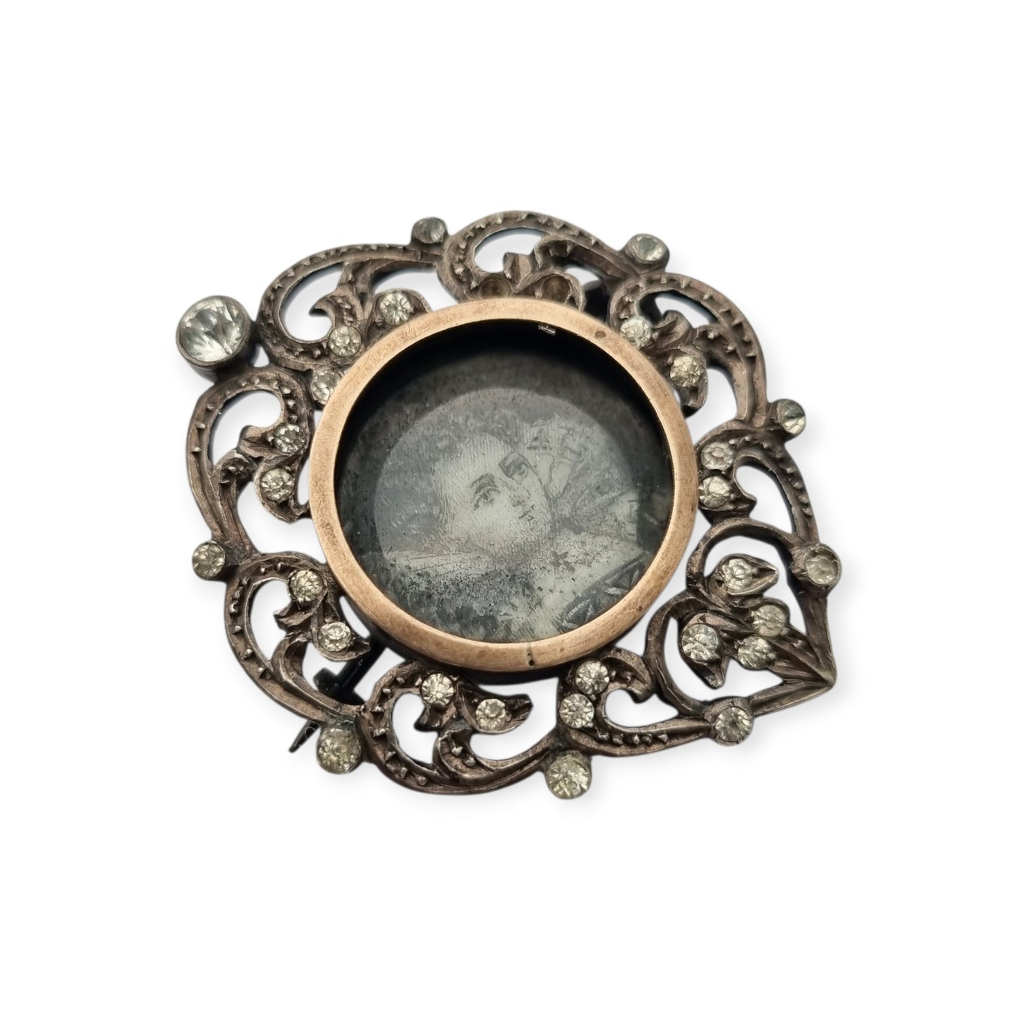 Broche plata Victoriano con vistas de oro, miniatura pintada y pedrería, Francia 1890-1900