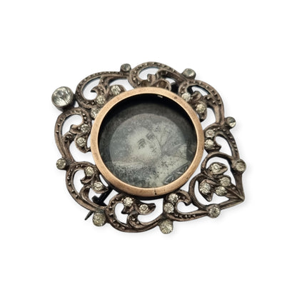 Broche plata Victoriano con vistas de oro, miniatura pintada y pedrería, Francia 1890-1900