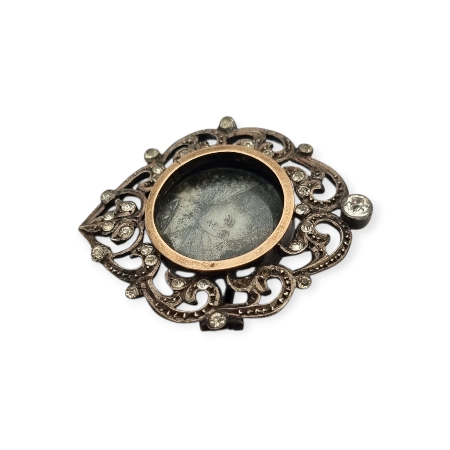 Broche plata Victoriano con vistas de oro, miniatura pintada y pedrería, Francia 1890-1900