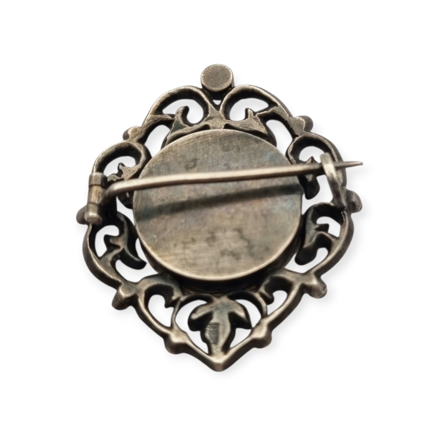 Broche plata Victoriano con vistas de oro, miniatura pintada y pedrería, Francia 1890-1900
