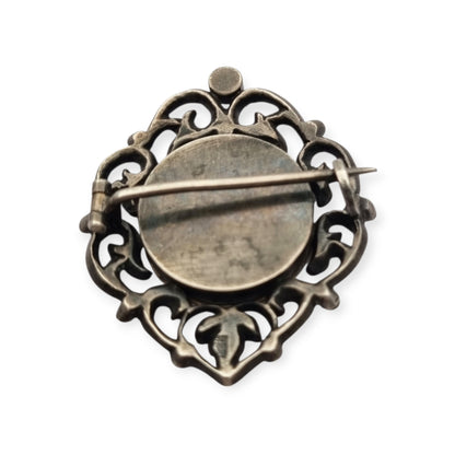 Broche plata Victoriano con vistas de oro, miniatura pintada y pedrería, Francia 1890-1900