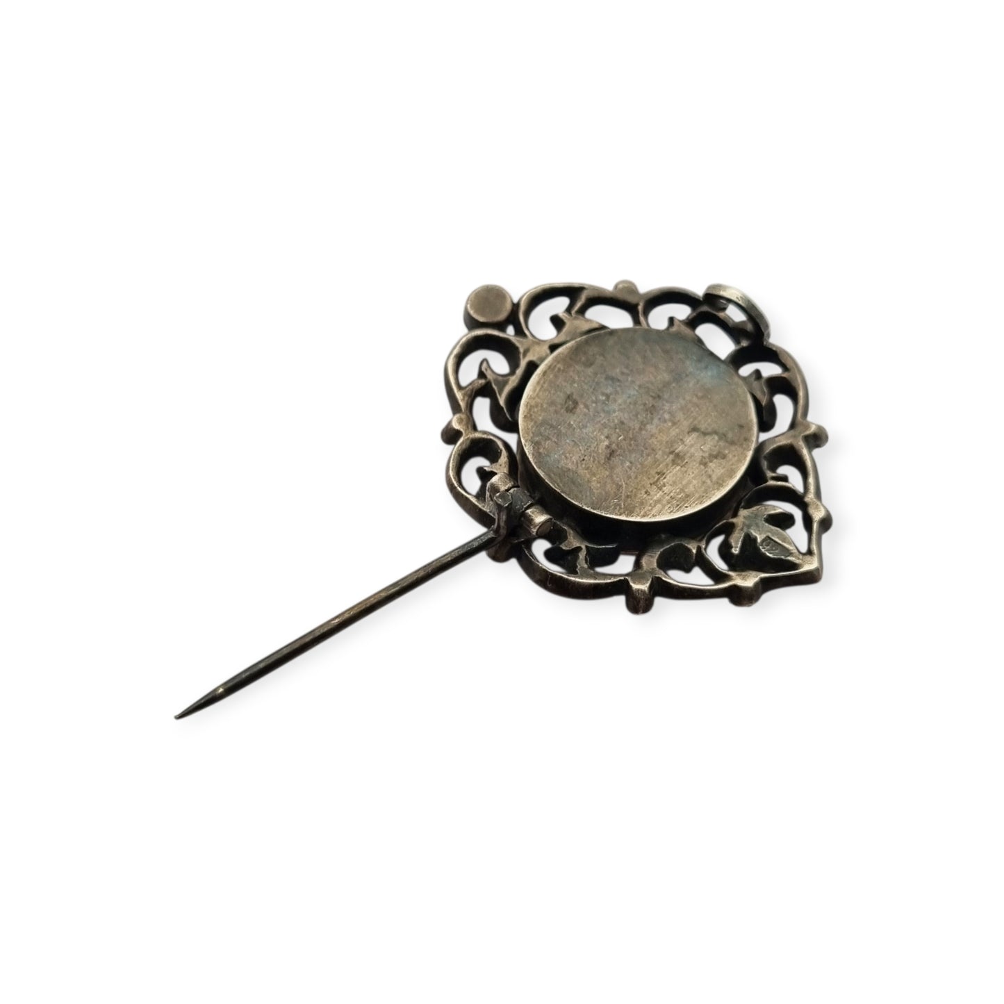 Broche plata Victoriano con vistas de oro, miniatura pintada y pedrería, Francia 1890-1900