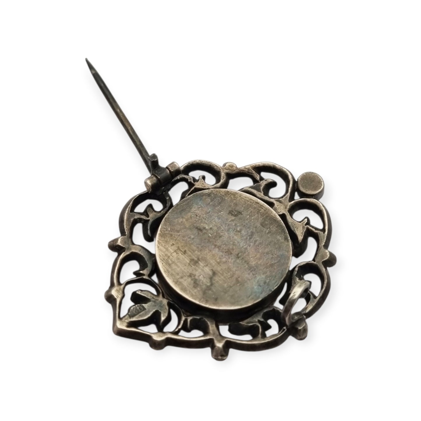 Broche plata Victoriano con vistas de oro, miniatura pintada y pedrería, Francia 1890-1900
