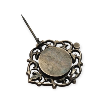 Broche plata Victoriano con vistas de oro, miniatura pintada y pedrería, Francia 1890-1900