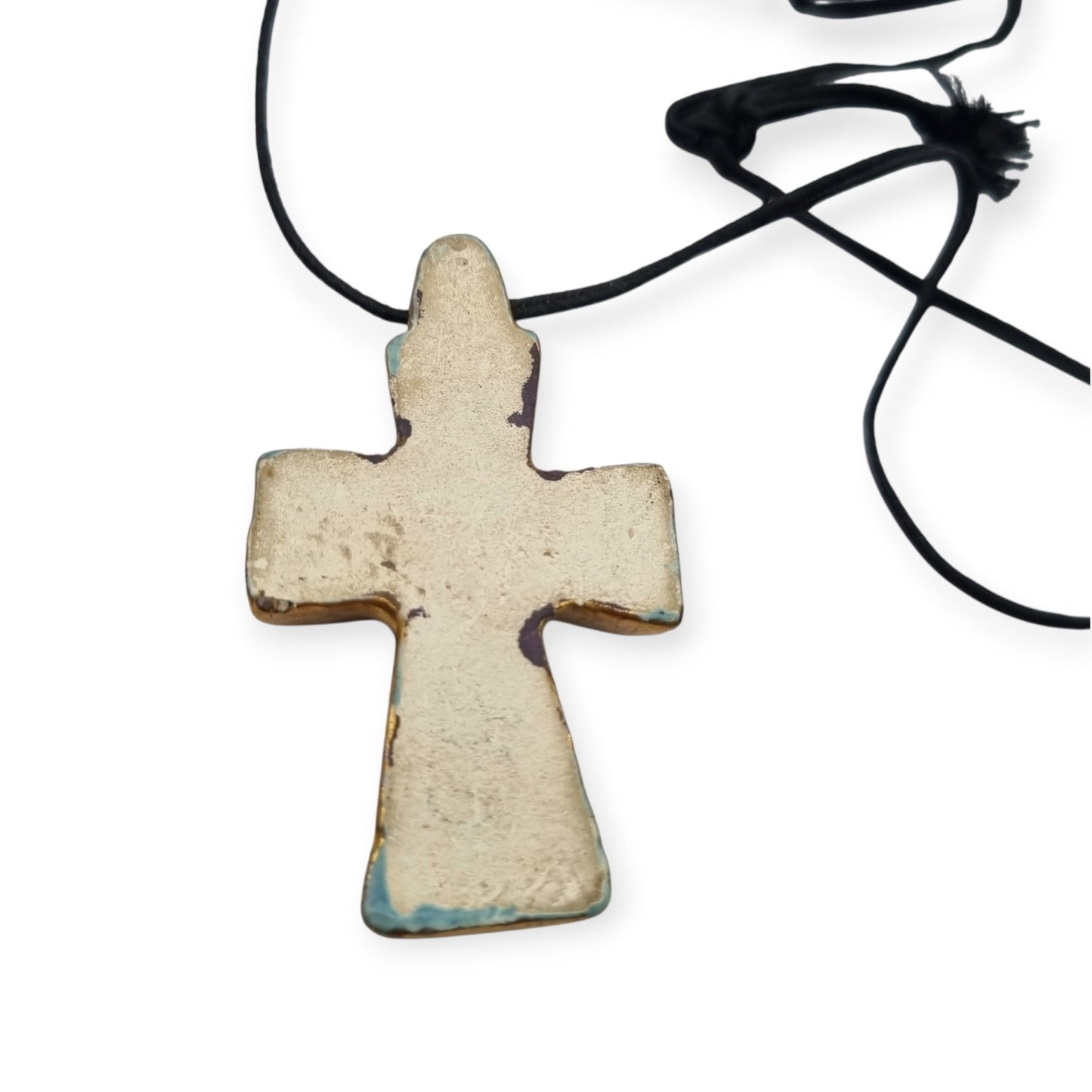 Cruz colgante cerámica esmaltada francesa azul dorado artesanal circa 1960
