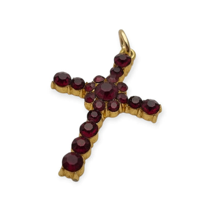 Vintage cross with garnet rhinestones and gold-tone metal religious style circa 1950