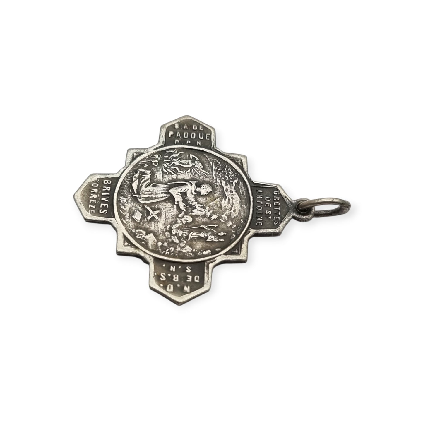 Catholic devotional silver-tone metal Saint Anthony of Padua cross medal, circa 1970