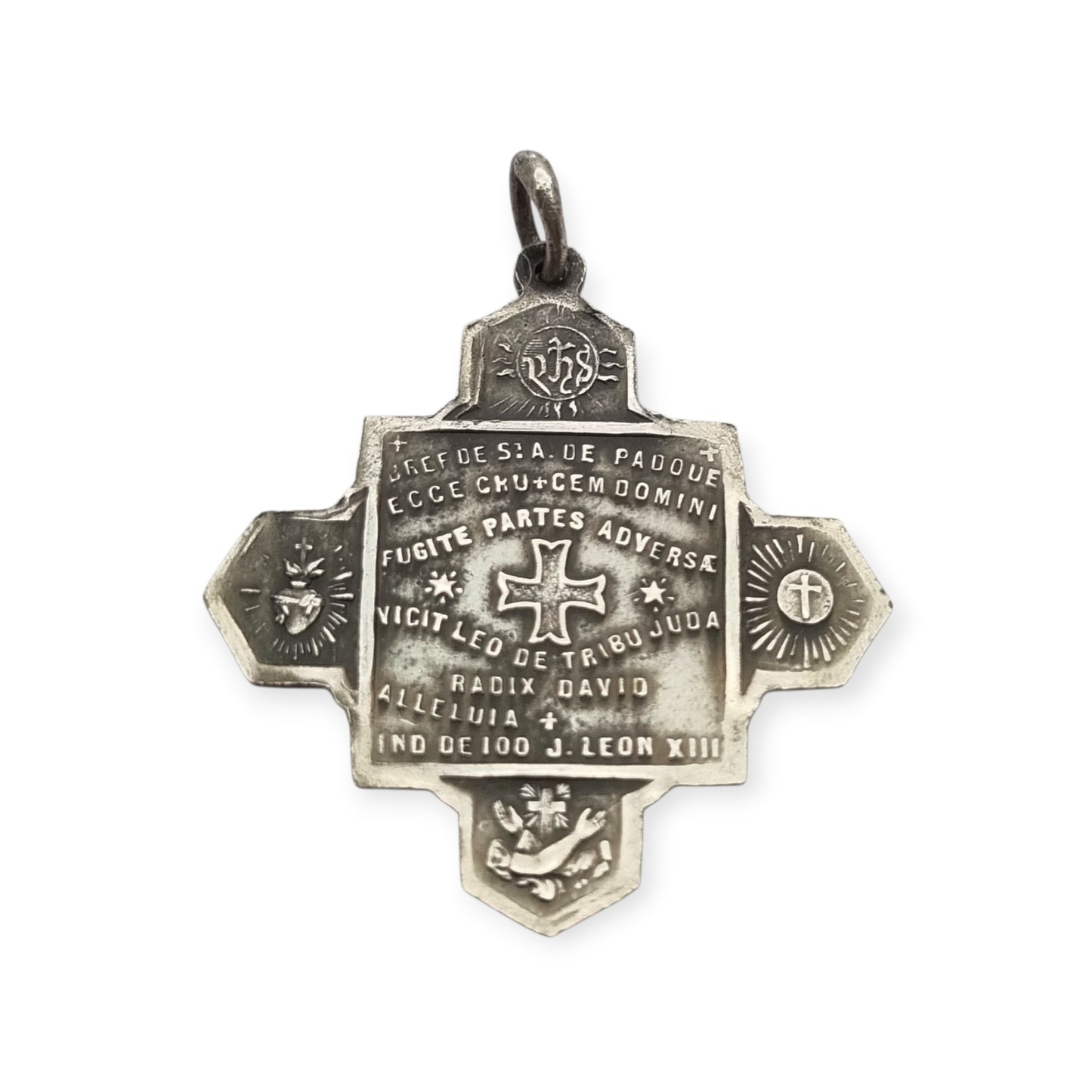 Catholic devotional silver-tone metal Saint Anthony of Padua cross medal, circa 1970