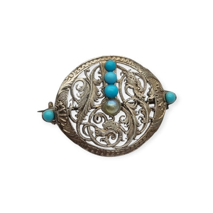 Vintage boho ethnic silver brooch with blue beads and openwork foliage, 70s-80s