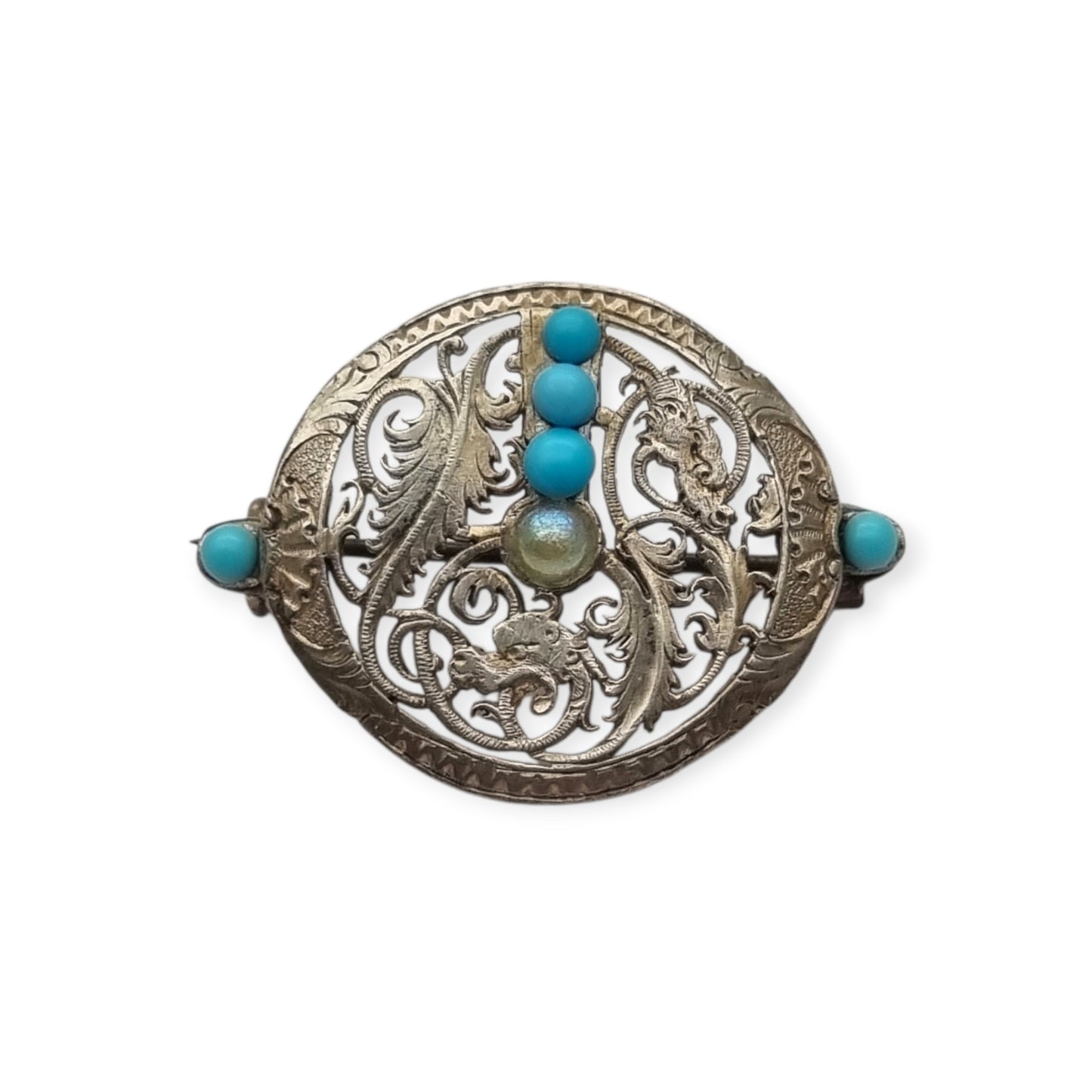 Vintage boho ethnic silver brooch with blue beads and openwork foliage, 70s-80s