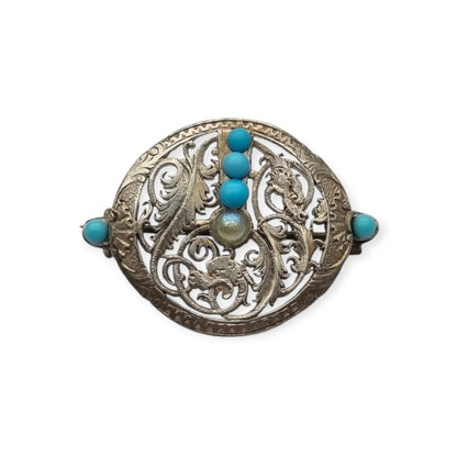 Vintage boho ethnic silver brooch with blue beads and openwork foliage, 70s-80s