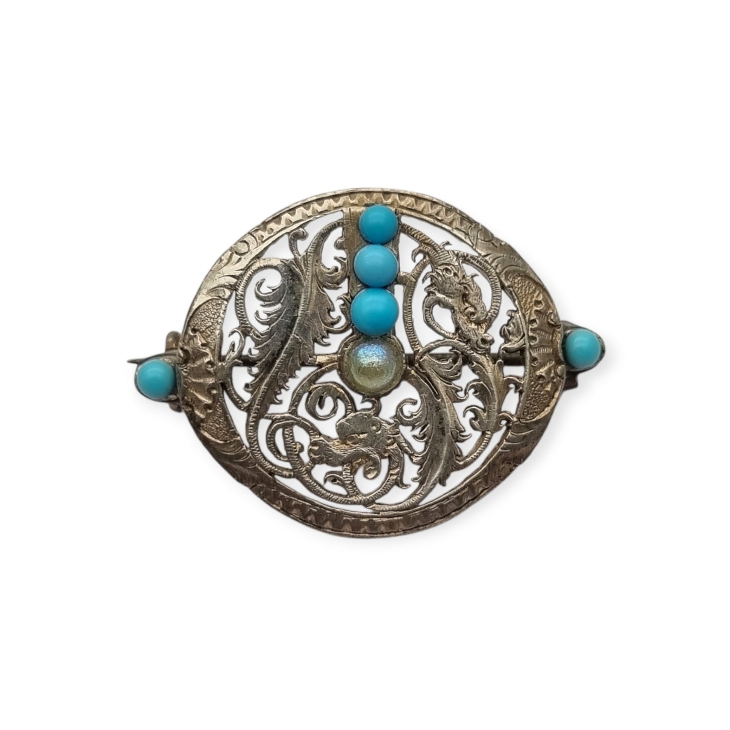 Vintage boho ethnic silver brooch with blue beads and openwork foliage, 70s-80s