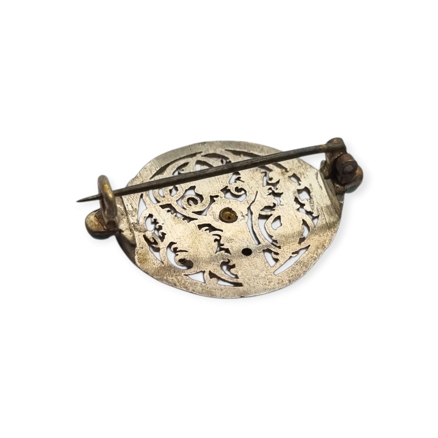 Vintage boho ethnic silver brooch with blue beads and openwork foliage, 70s-80s