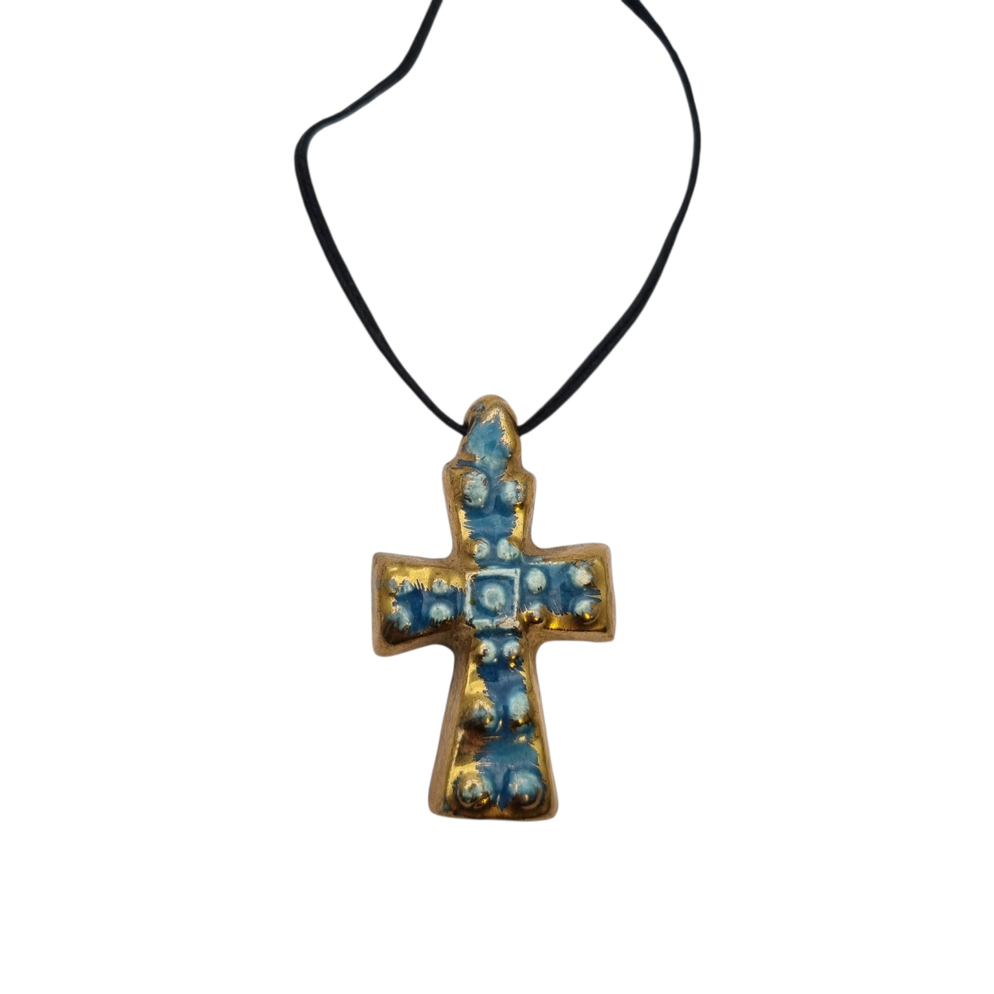 Cruz colgante cerámica esmaltada francesa azul dorado artesanal circa 1960