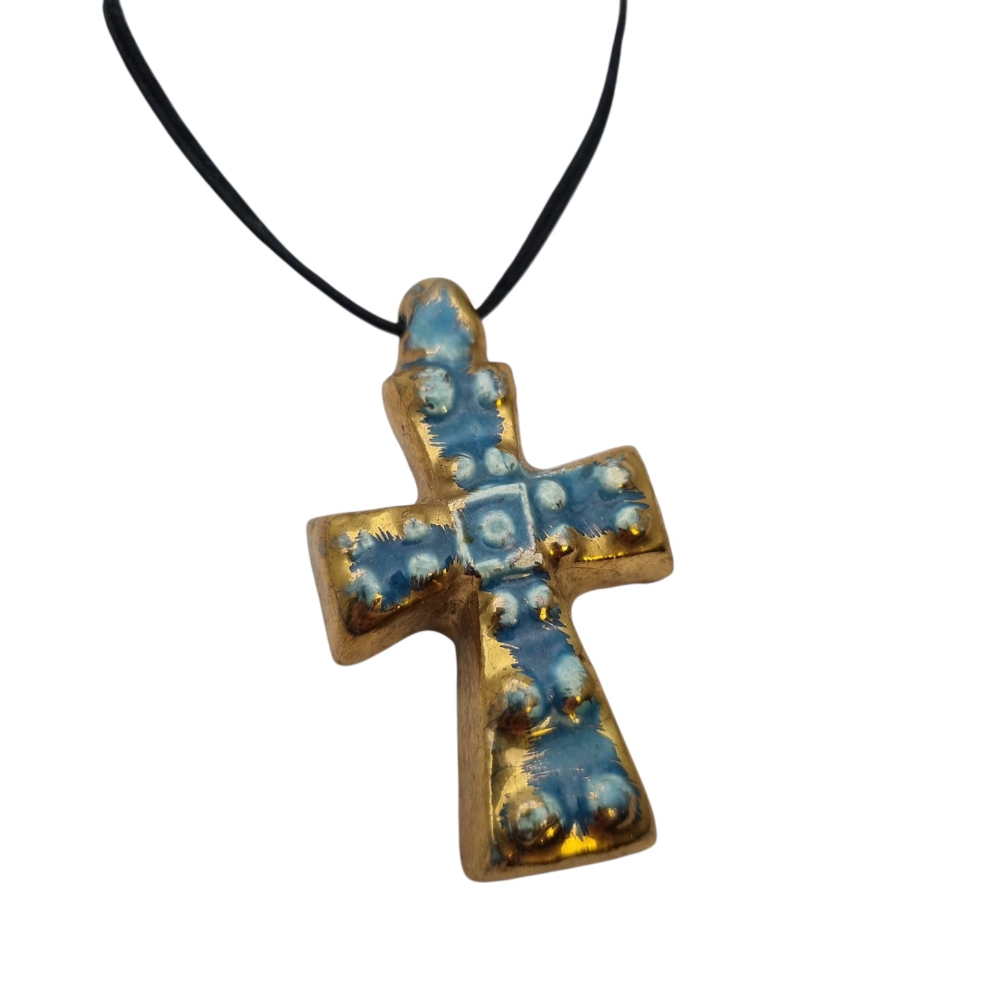 Cruz colgante cerámica esmaltada francesa azul dorado artesanal circa 1960