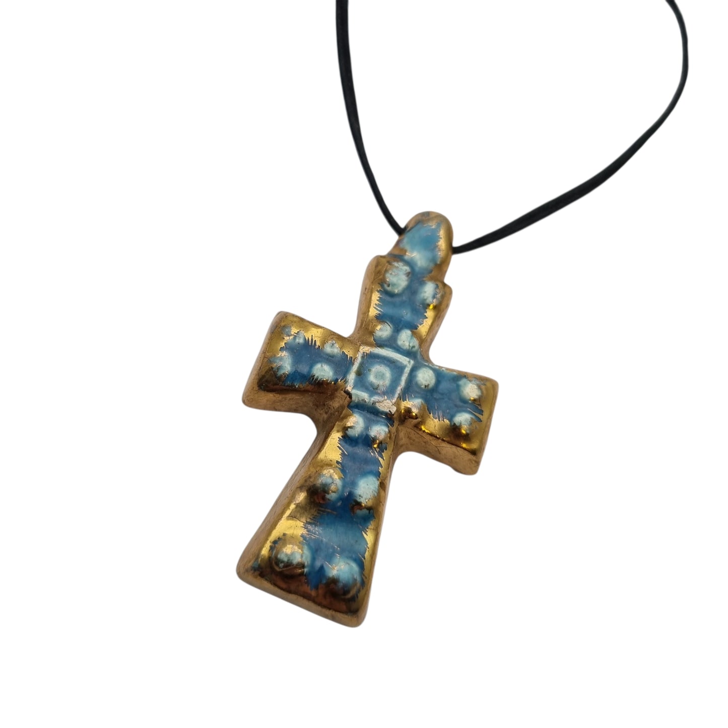 Cruz colgante cerámica esmaltada francesa azul dorado artesanal circa 1960