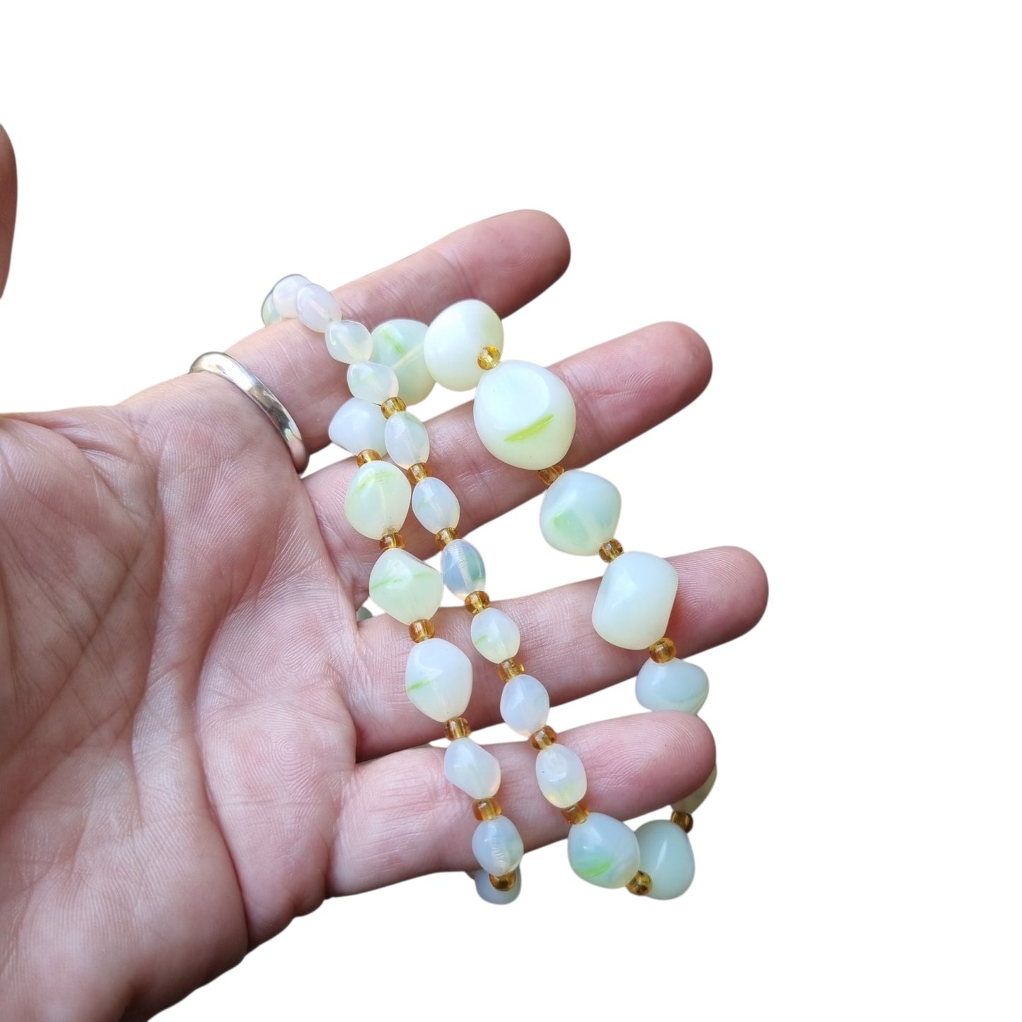 Vintage Opaline Glass Beaded Graduated Iridescent Necklace, Mid Century 1950s-1960s