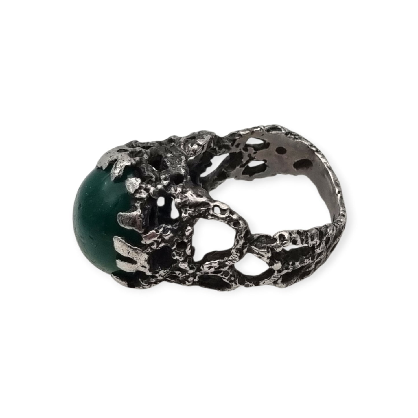Brutalist textured silver ring with green cabochon organic design circa 1970