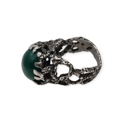 Brutalist textured silver ring with green cabochon organic design circa 1970