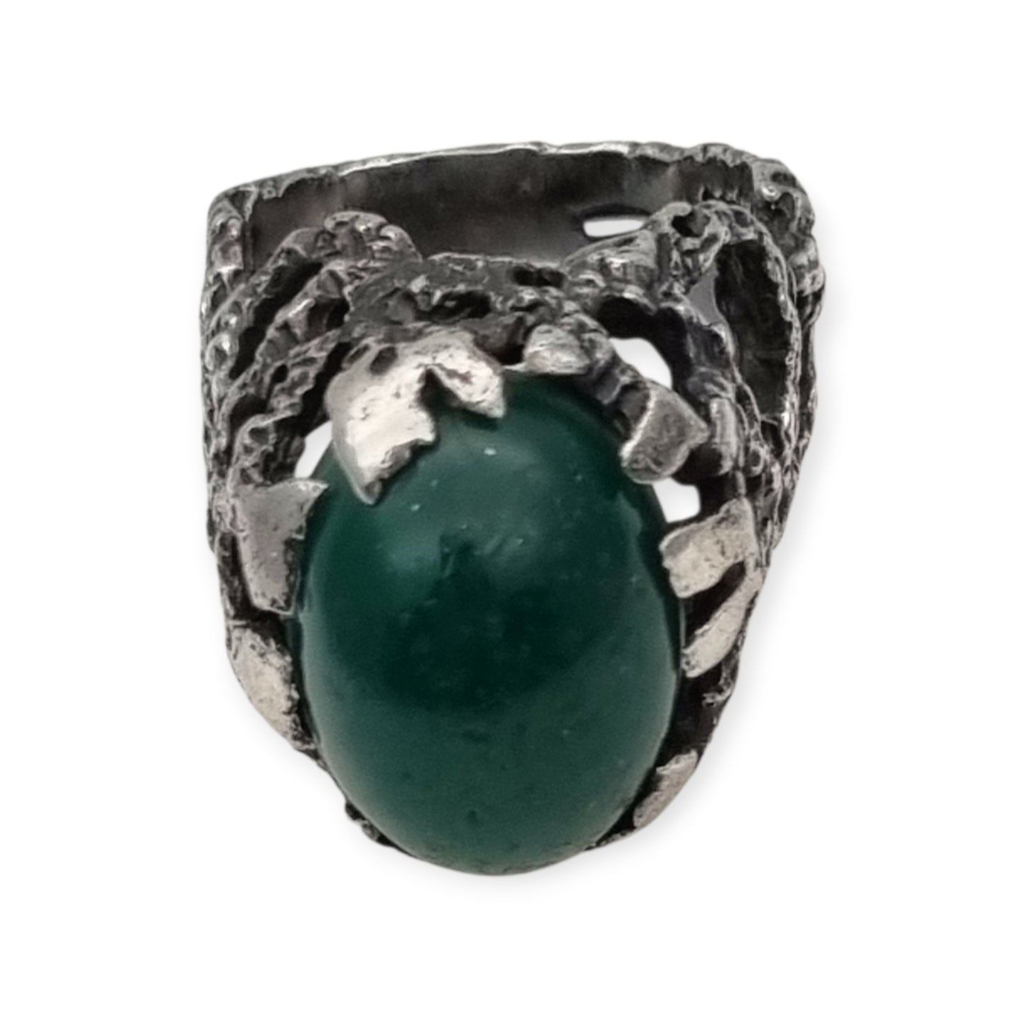 Brutalist textured silver ring with green cabochon organic design circa 1970