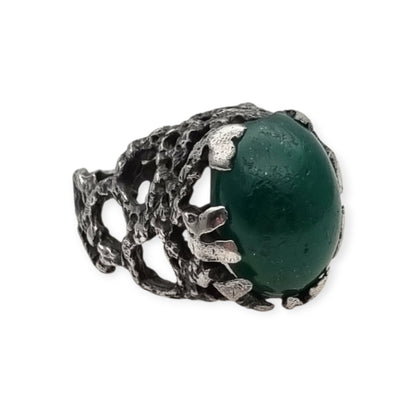 Brutalist textured silver ring with green cabochon organic design circa 1970
