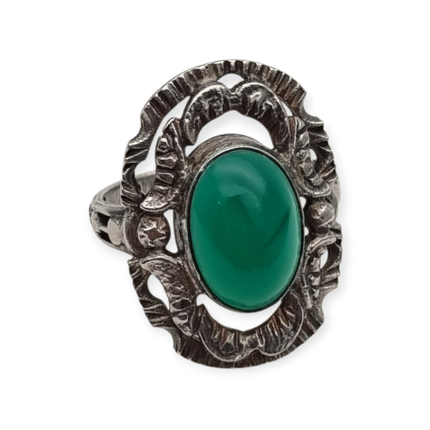Vintage European Openwork Silver Ring with Oval Green Chalcedony Cabochon, circa 1960