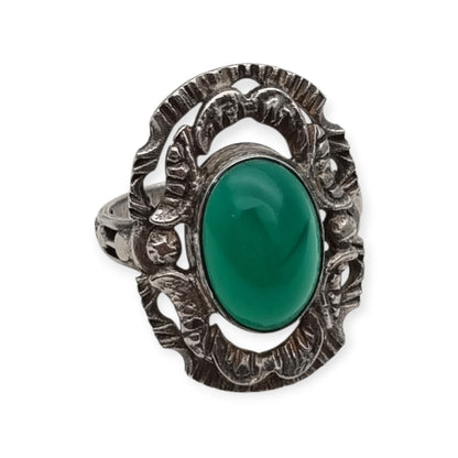 Vintage European Openwork Silver Ring with Oval Green Chalcedony Cabochon, circa 1960