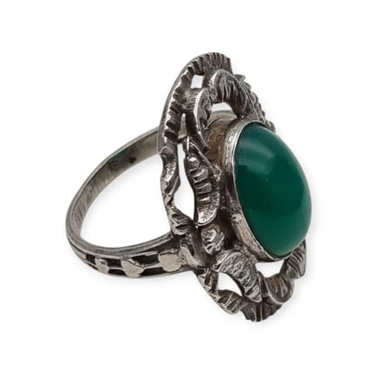 Vintage European Openwork Silver Ring with Oval Green Chalcedony Cabochon, circa 1960