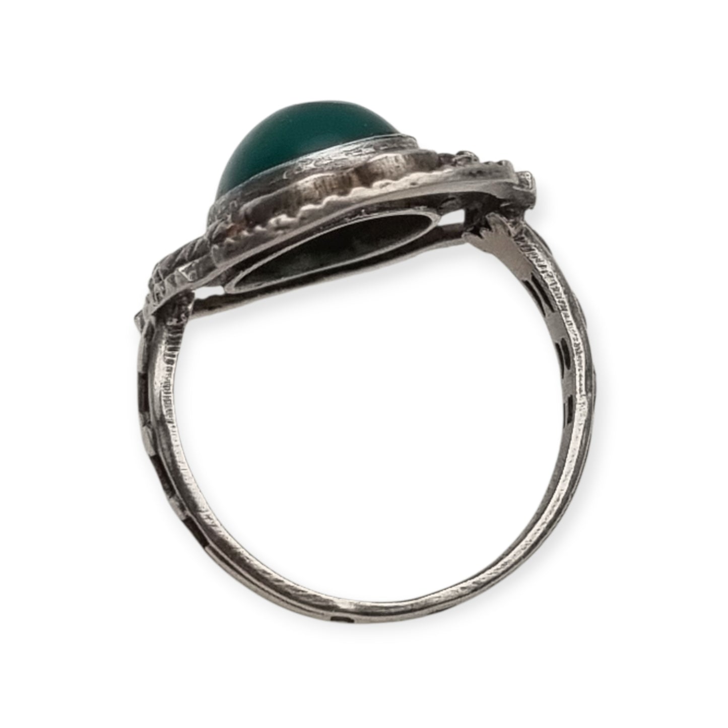 Vintage European Openwork Silver Ring with Oval Green Chalcedony Cabochon, circa 1960