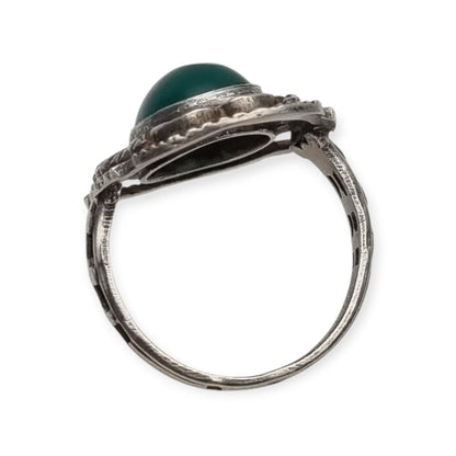Vintage European Openwork Silver Ring with Oval Green Chalcedony Cabochon, circa 1960