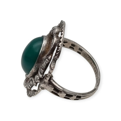 Vintage European Openwork Silver Ring with Oval Green Chalcedony Cabochon, circa 1960