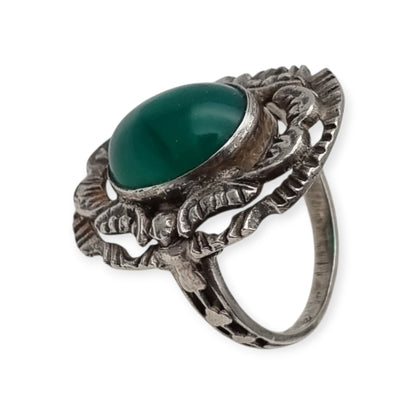 Vintage European Openwork Silver Ring with Oval Green Chalcedony Cabochon, circa 1960