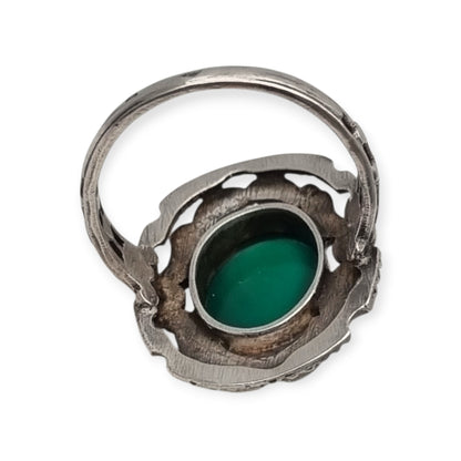 Vintage European Openwork Silver Ring with Oval Green Chalcedony Cabochon, circa 1960