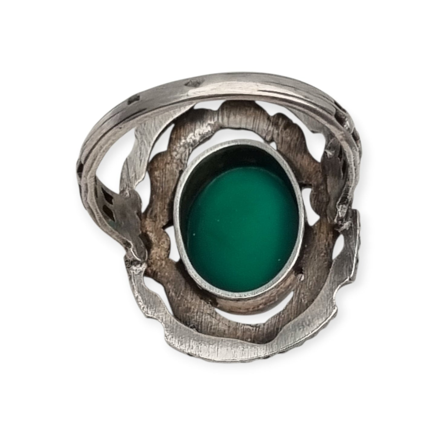 Vintage European Openwork Silver Ring with Oval Green Chalcedony Cabochon, circa 1960