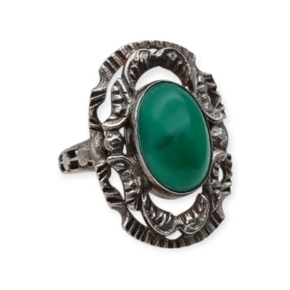 Vintage European Openwork Silver Ring with Oval Green Chalcedony Cabochon, circa 1960