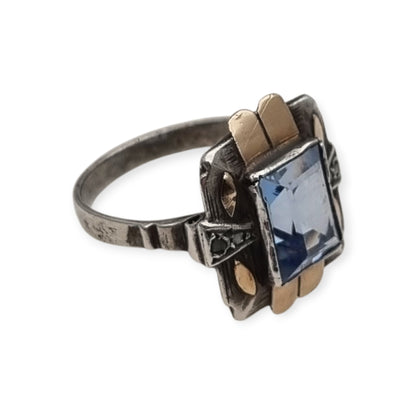 Catalan Art Deco silver and gold-plated ring with aquamarine blue glass, circa 1930