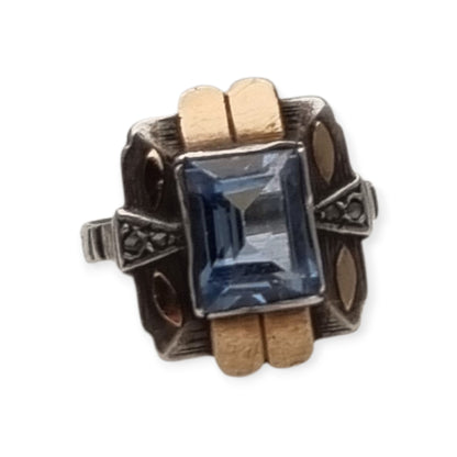 Catalan Art Deco silver and gold-plated ring with aquamarine blue glass, circa 1930