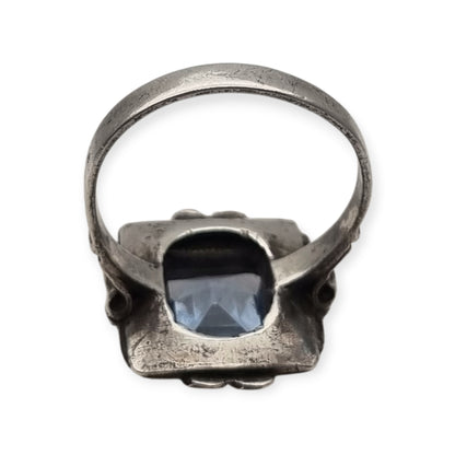 Catalan Art Deco silver and gold-plated ring with aquamarine blue glass, circa 1930