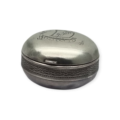 Caja antigua redonda alemana de plata 800 grabada con barco y monograma, circa 190
