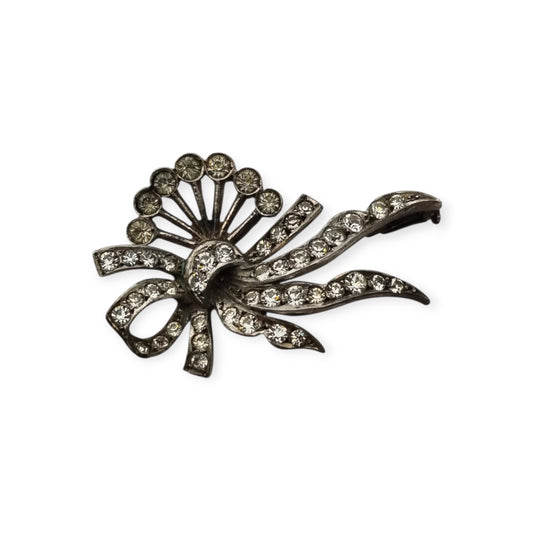 Antique Art Deco silver brooch with floral bouquet and white rhinestone bow circa 1930
