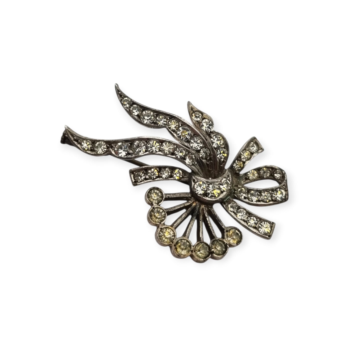 Antique Art Deco silver brooch with floral bouquet and white rhinestone bow circa 1930