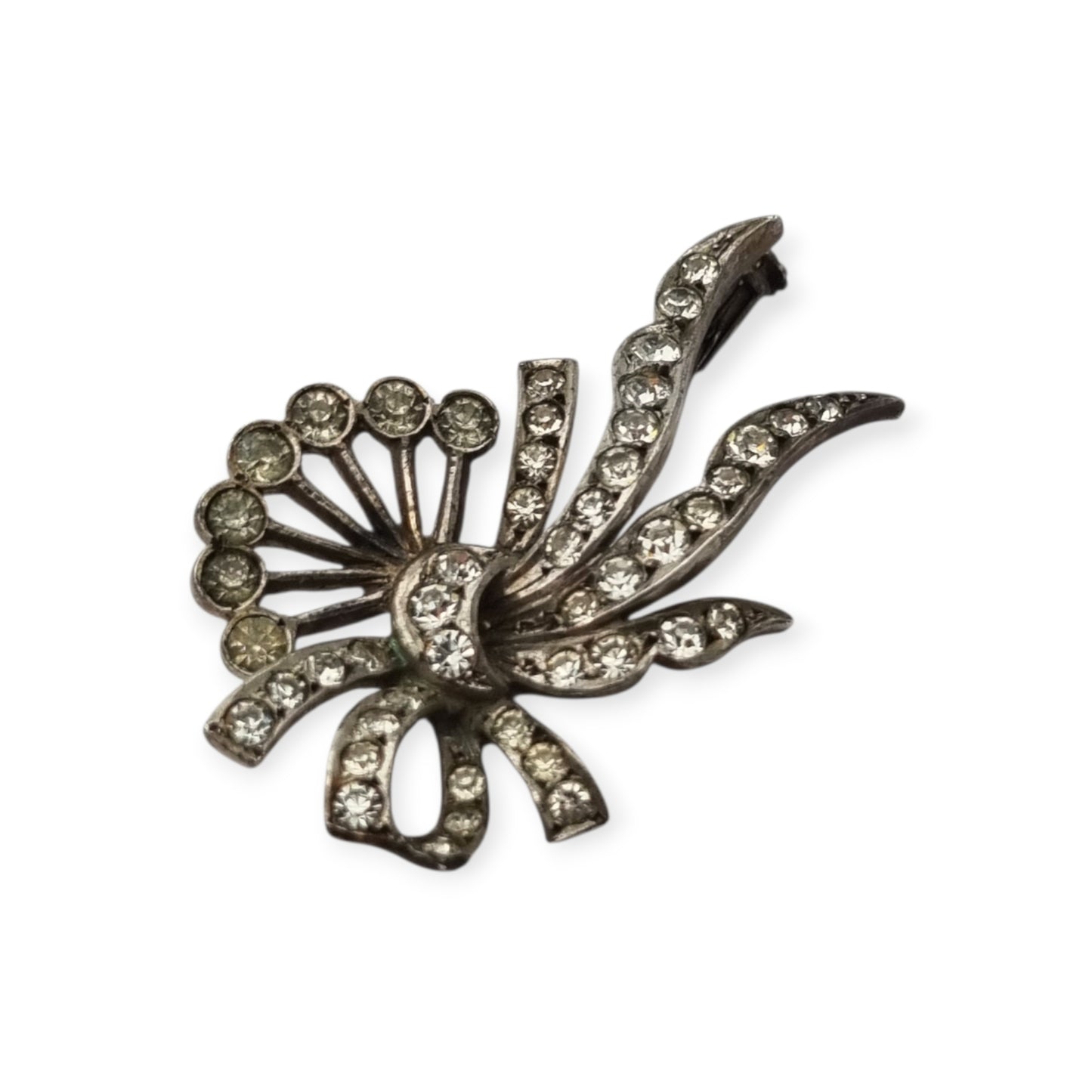 Antique Art Deco silver brooch with floral bouquet and white rhinestone bow circa 1930