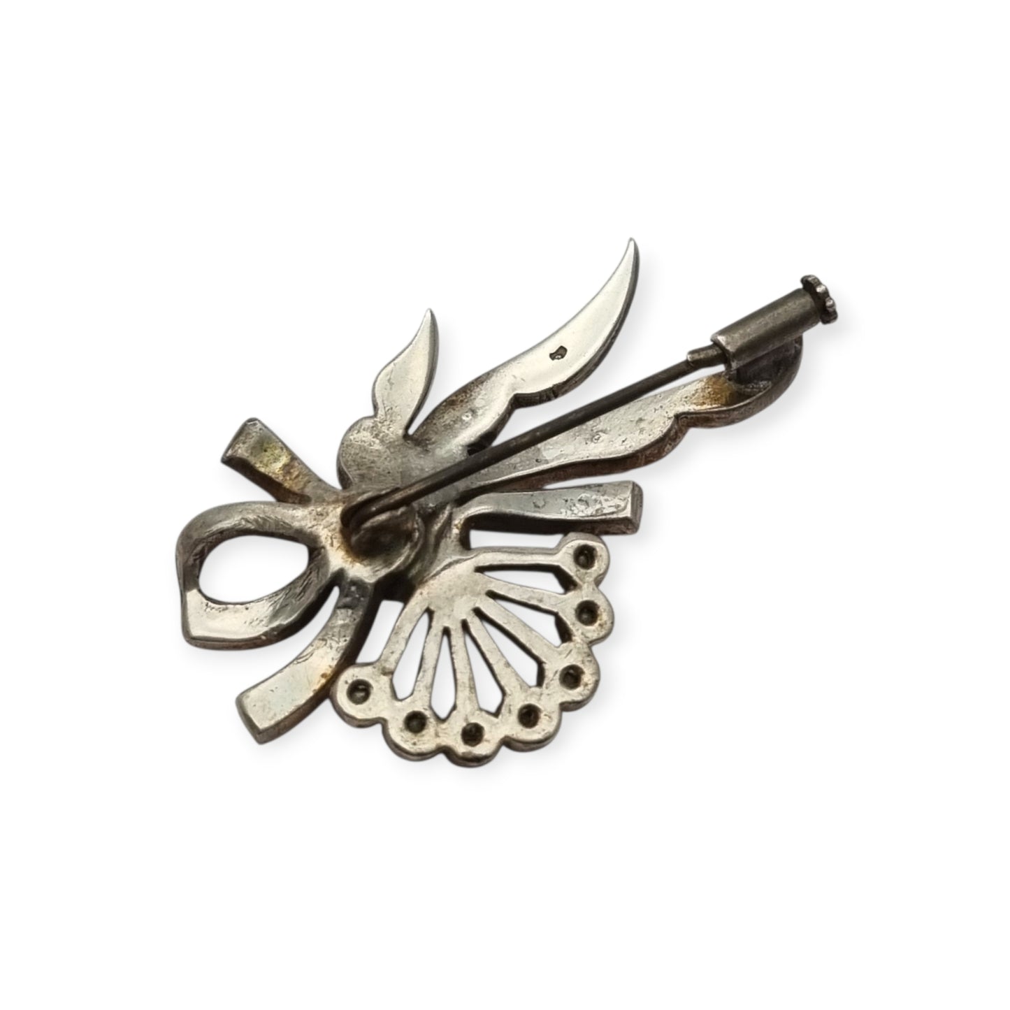 Antique Art Deco silver brooch with floral bouquet and white rhinestone bow circa 1930