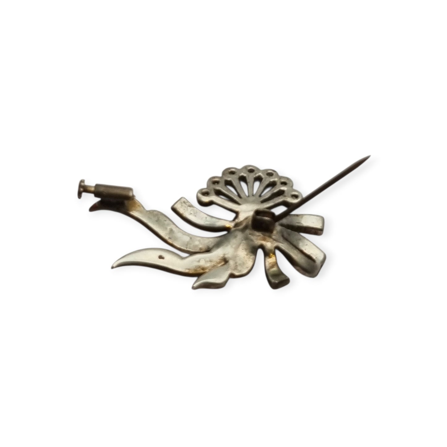 Antique Art Deco silver brooch with floral bouquet and white rhinestone bow circa 1930