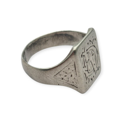 Antique Art Deco Silver Signet Ring with Engraved Monogram Geometric Design Circa 1940